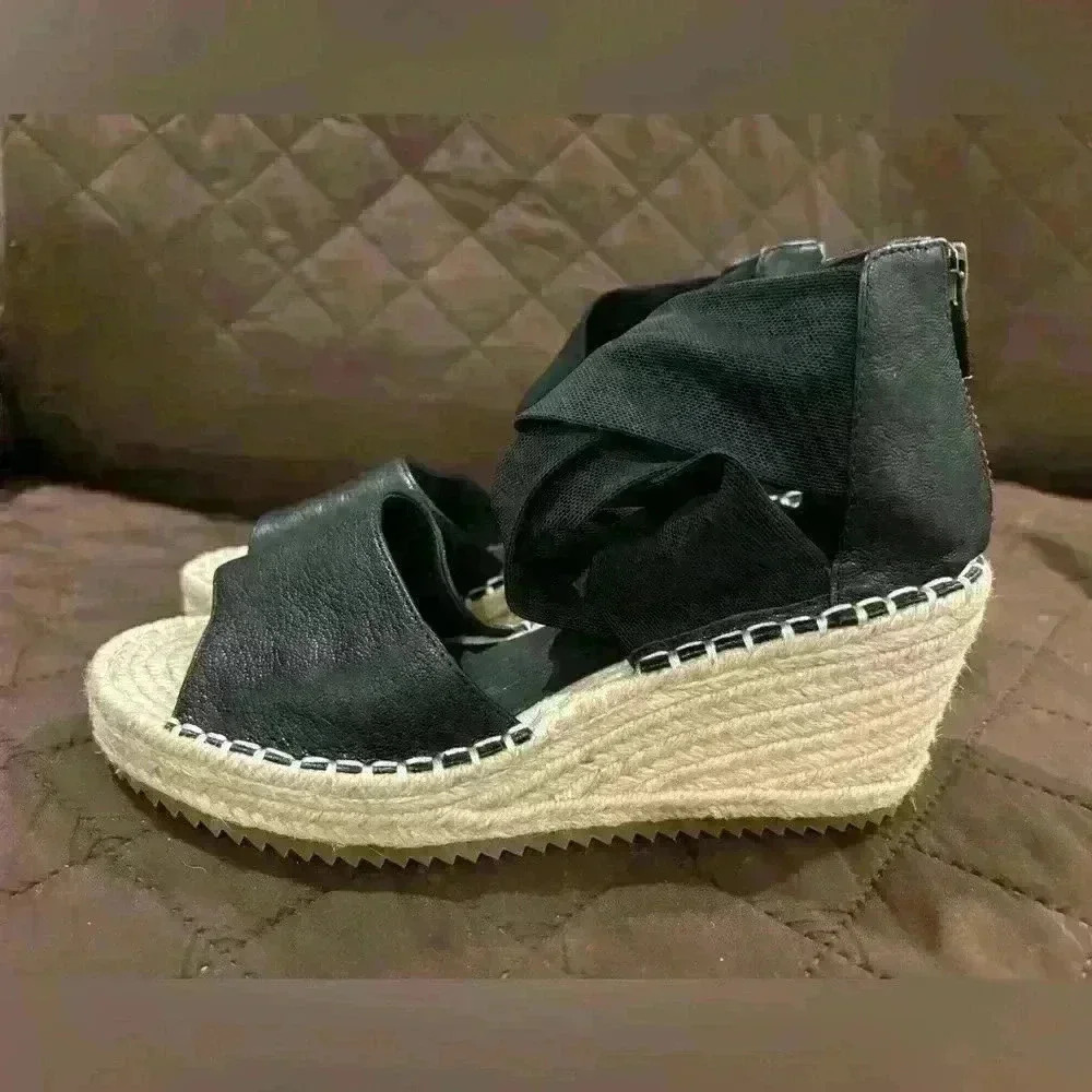 Eileen Fisher Wiley Sandals Shoes 6 Black Leather Zip Up Wedge Knot Espadrille - Picture 2 of 10